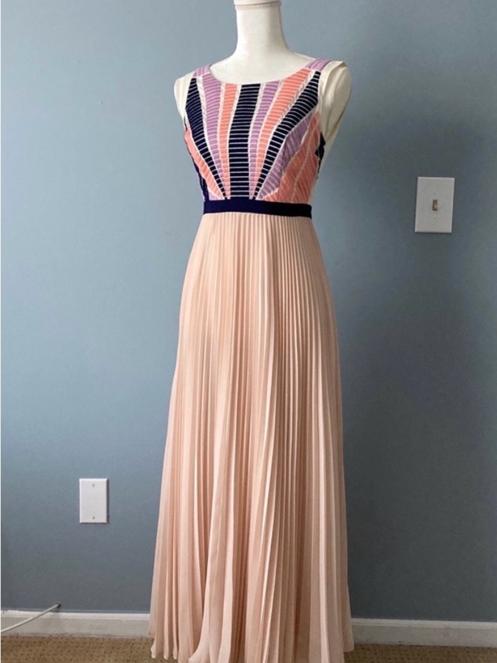Anthropologie Colorblock Pleated Maxi Dress - Pink, Navy & Blush